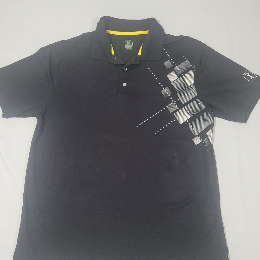 PGA Tour Black Polo with Silver Geometric Accent and Yellow Trim